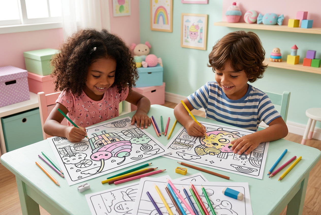 Duas crianças colorindo os desenhos de cupcake e donut do Doces. Fofos em folhas impressas, com lápis coloridos espalhados na mesa